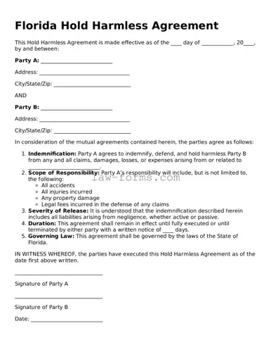 Valid Hold Harmless Agreement Form for Florida State