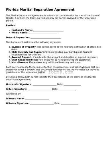 Valid Marital Separation Agreement Form for Florida State