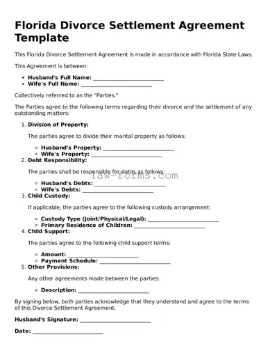 Valid Divorce Settlement Agreement Form for Florida State