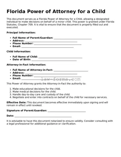 Valid Power of Attorney for a Child Form for Florida State