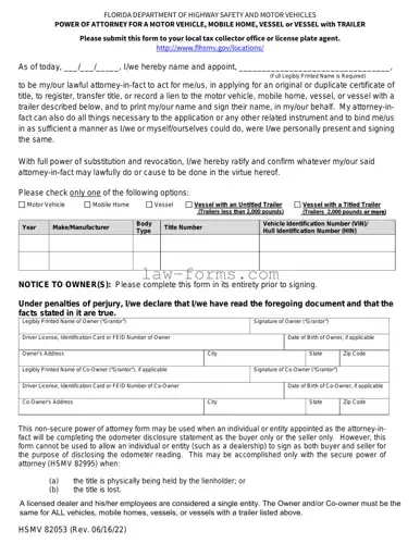 Florida Vehicle POA form 82053 PDF Template