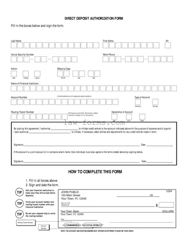 Generic Direct Deposit PDF Template