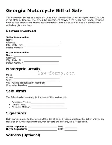 Valid Motorcycle Bill of Sale Form for Georgia State