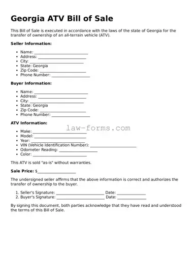 Valid ATV Bill of Sale Form for Georgia State