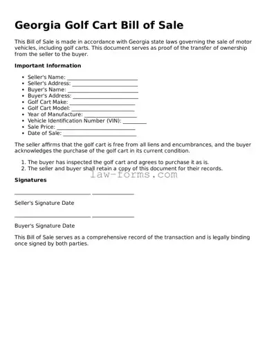 Valid Golf Cart Bill of Sale Form for Georgia State