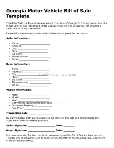 Valid Motor Vehicle Bill of Sale Form for Georgia State