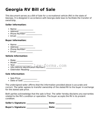 Valid RV Bill of Sale Form for Georgia State