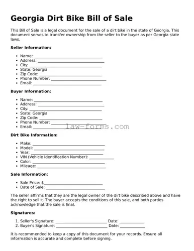 Valid Dirt Bike Bill of Sale Form for Georgia State