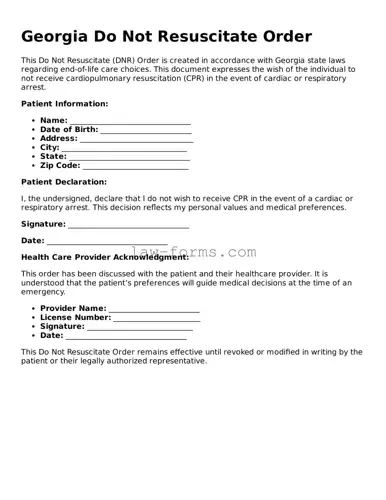 Valid Do Not Resuscitate Order Form for Georgia State