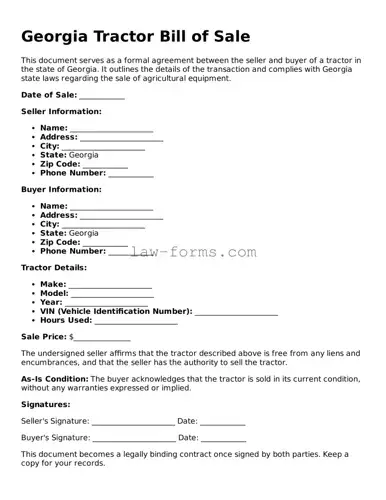 Valid Tractor Bill of Sale Form for Georgia State