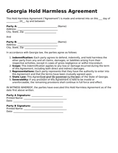 Valid Hold Harmless Agreement Form for Georgia State