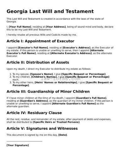 Valid Last Will and Testament Form for Georgia State