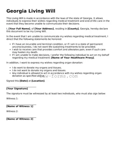 Valid Living Will Form for Georgia State