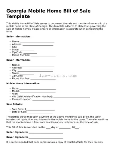 Valid Mobile Home Bill of Sale Form for Georgia State