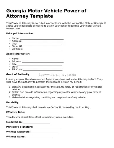 Valid Motor Vehicle Power of Attorney Form for Georgia State