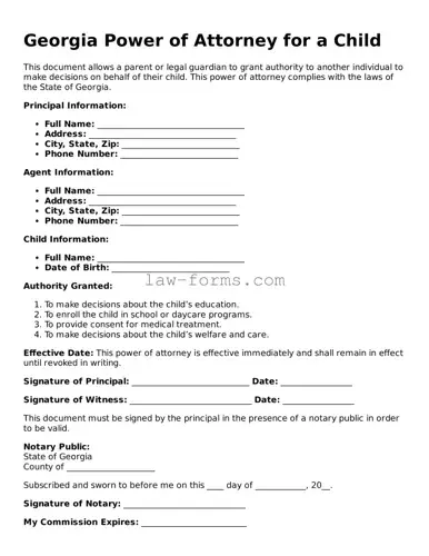 Valid Power of Attorney for a Child Form for Georgia State