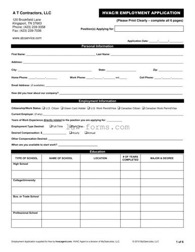 Hvac Job Application PDF Template