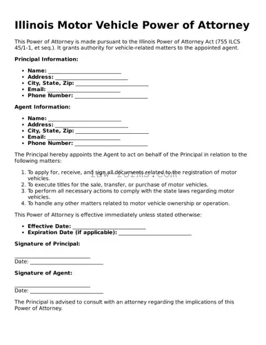 Valid Motor Vehicle Power of Attorney Form for Illinois State