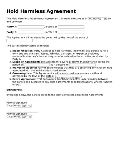 Valid Hold Harmless Agreement Template