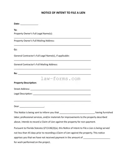 Intent To Lien Florida PDF Template