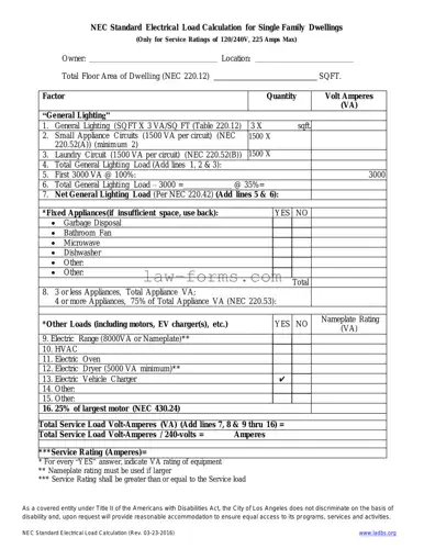 LADBS NEC Standard Electrical Load Calculation PDF Template