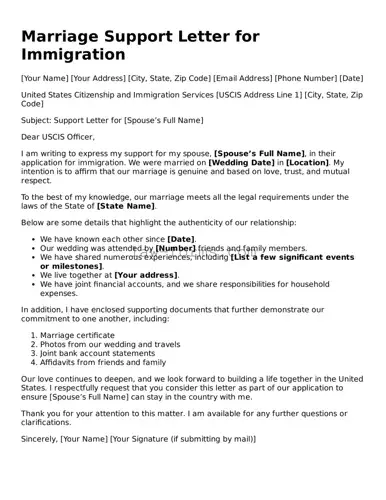 Valid Marriage Support Letter for Immigration Template