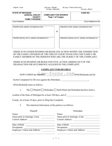 Michigan Complaint Divorce PDF Template