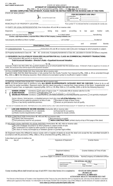 New Jersey Affidavit of Consideration RTF-1 PDF Template