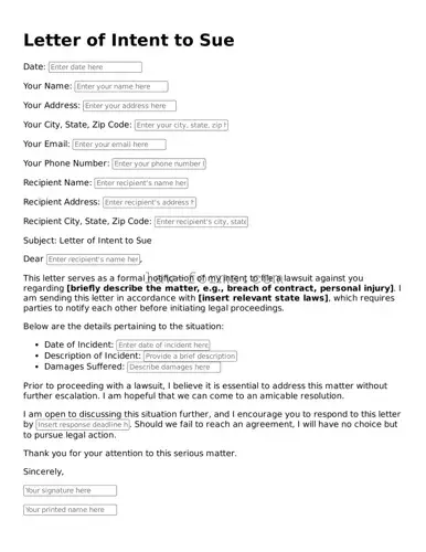 Valid Letter of Intent to Sue Template