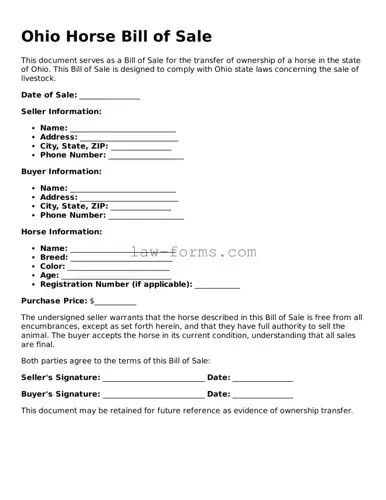 Valid Horse Bill of Sale Form for Ohio State