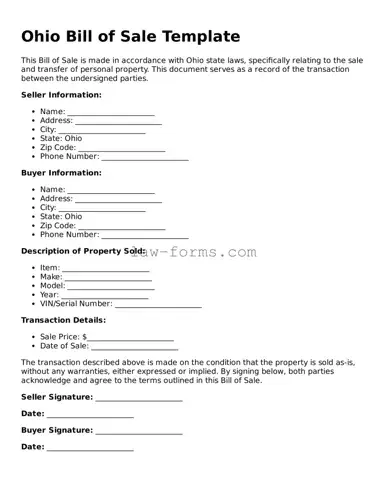Valid Bill of Sale Form for Ohio State