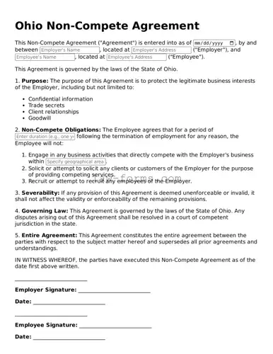 Valid Non-compete Agreement Form for Ohio State