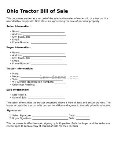 Valid Tractor Bill of Sale Form for Ohio State