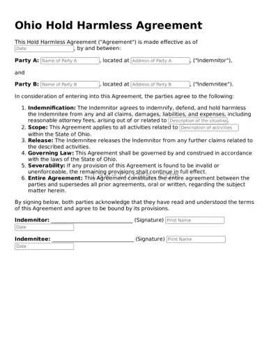 Valid Hold Harmless Agreement Form for Ohio State
