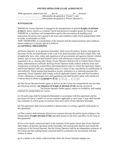 Owner Operator Lease Agreement PDF Template