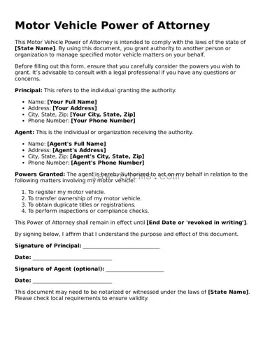 Valid Motor Vehicle Power of Attorney Template