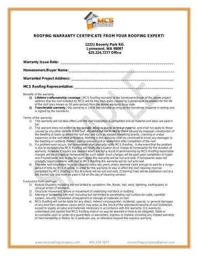 Roofing Warranty Certificate PDF Template