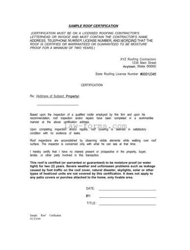 Sample Roof Certification PDF Template