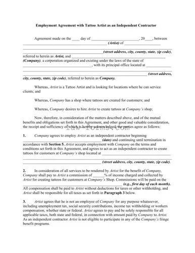 Tattoo Shop Artist Agreement PDF Template