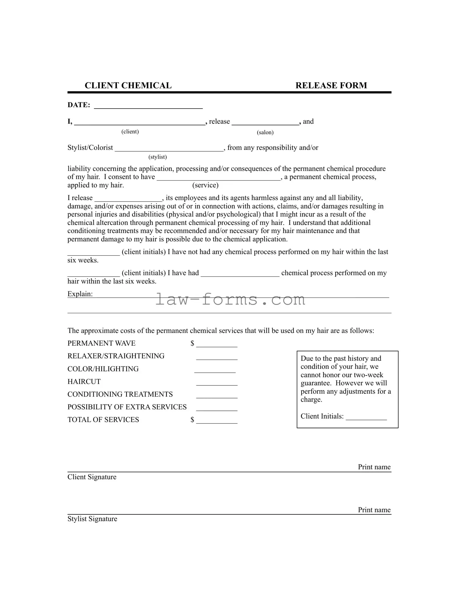 Salon Chemical Waiver PDF Template