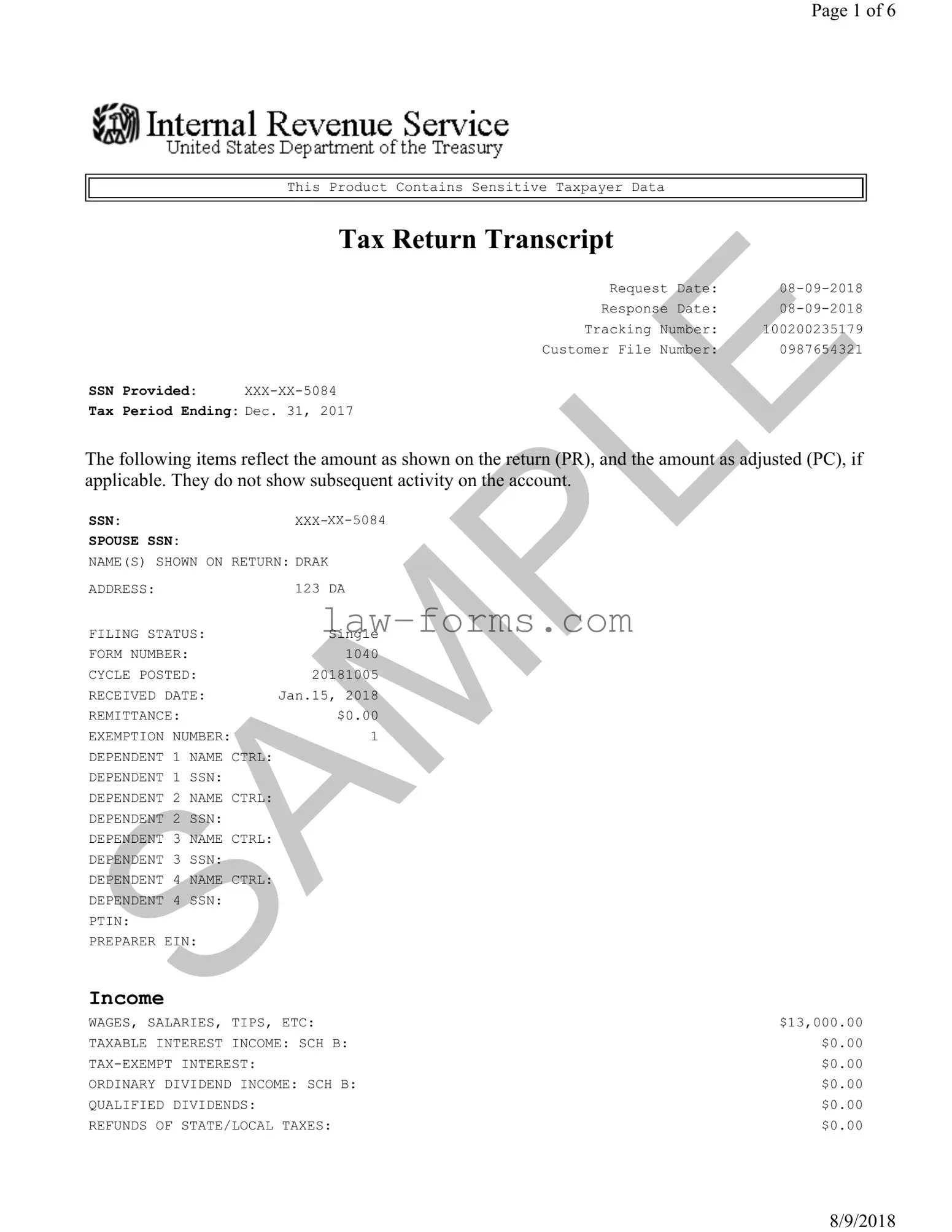 Sample Tax Return Transcript PDF Template