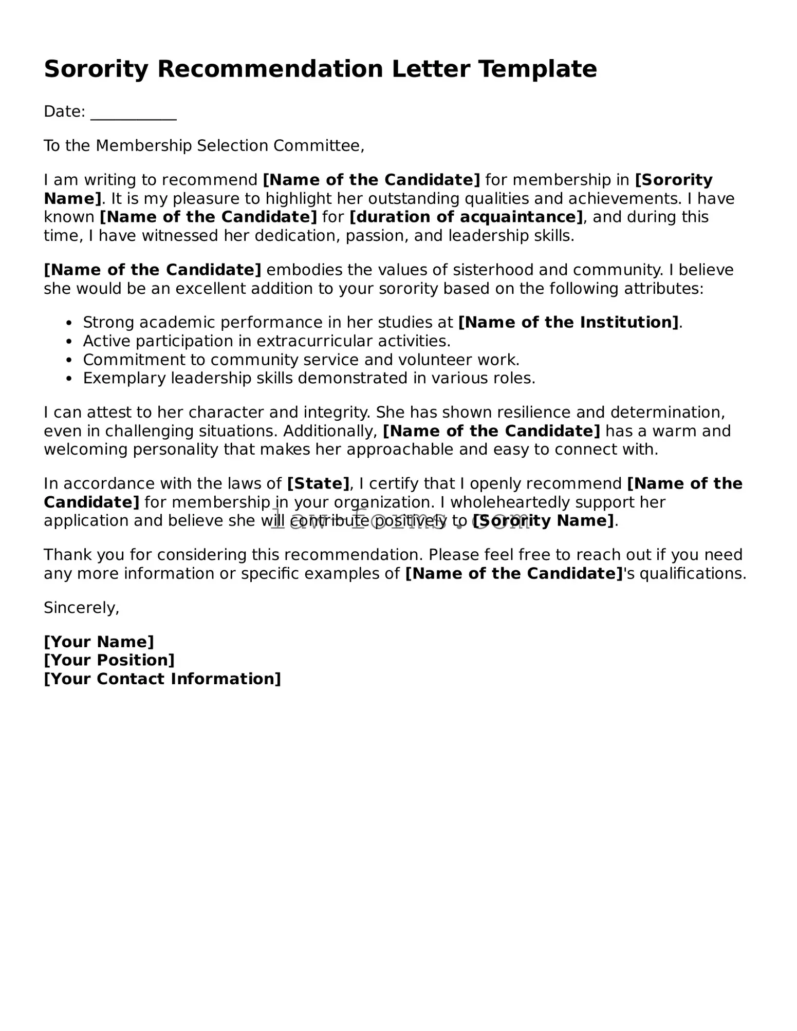 Valid Sorority Recommendation Letter Template
