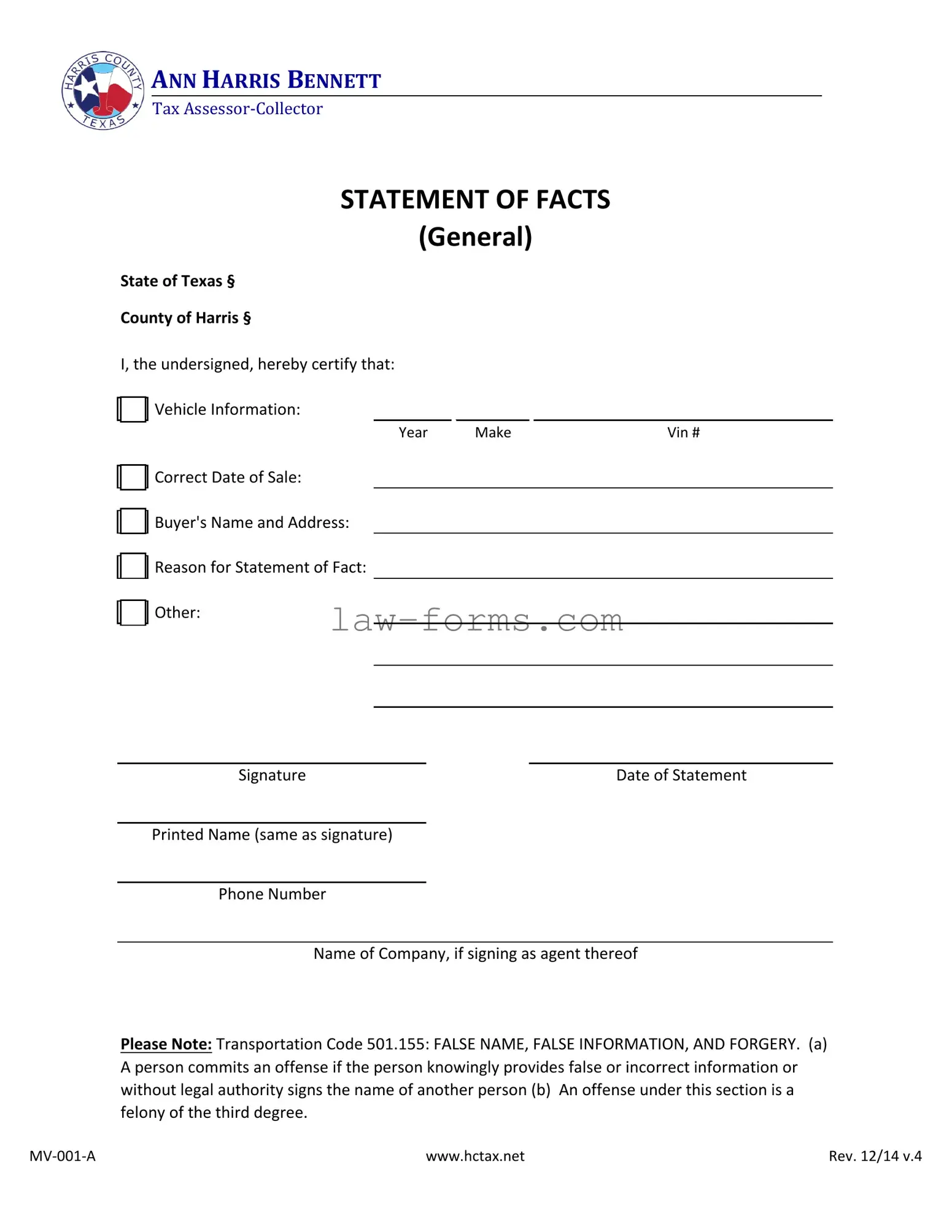 Statement Of Fact Texas PDF Template