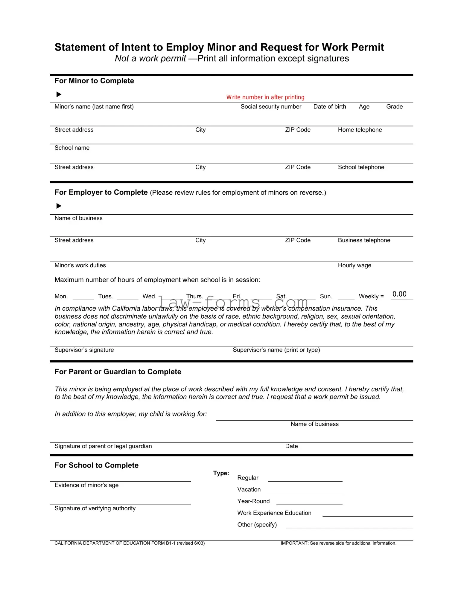 Statement of Intent to Employ Minor and Request for Work Permit PDF Template
