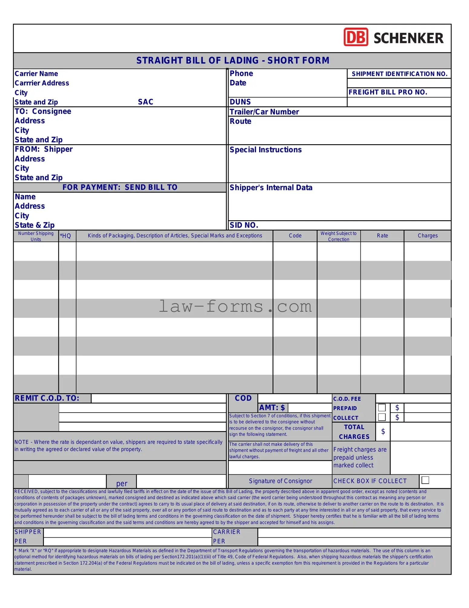 Straight Bill Of Lading PDF Template