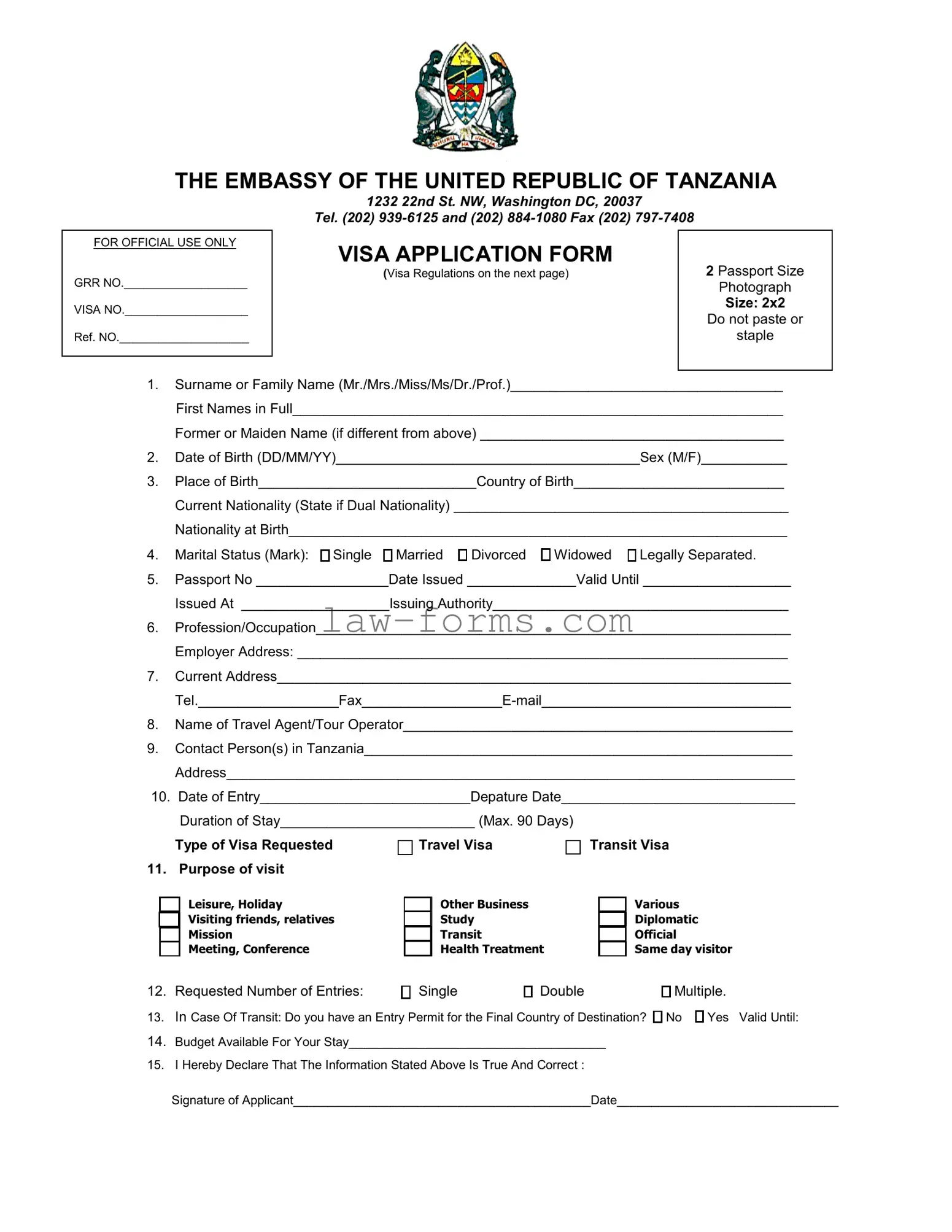 Tanzania Visa Applicaiton PDF Template