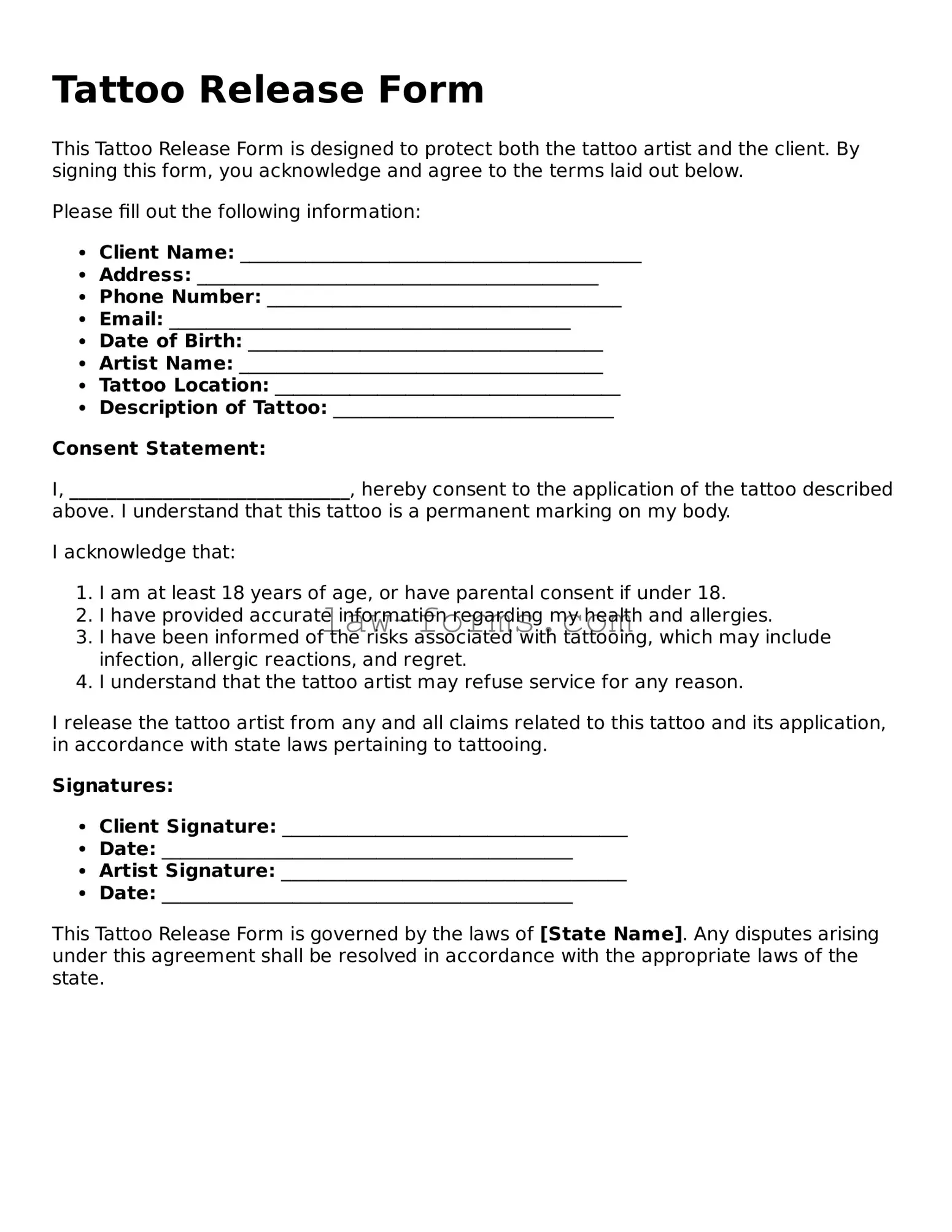 Valid Tattoo Release Template