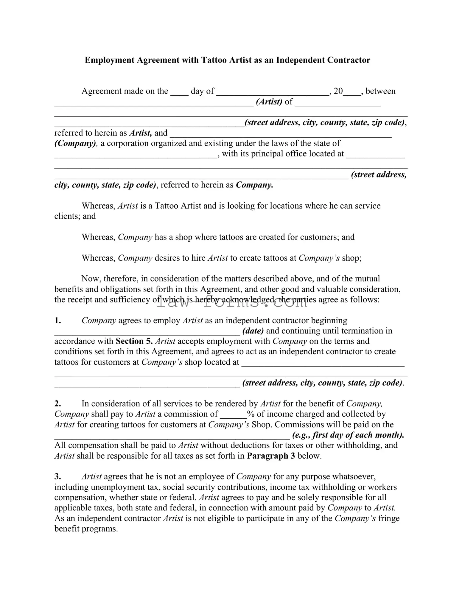 Tattoo Shop Artist Agreement PDF Template