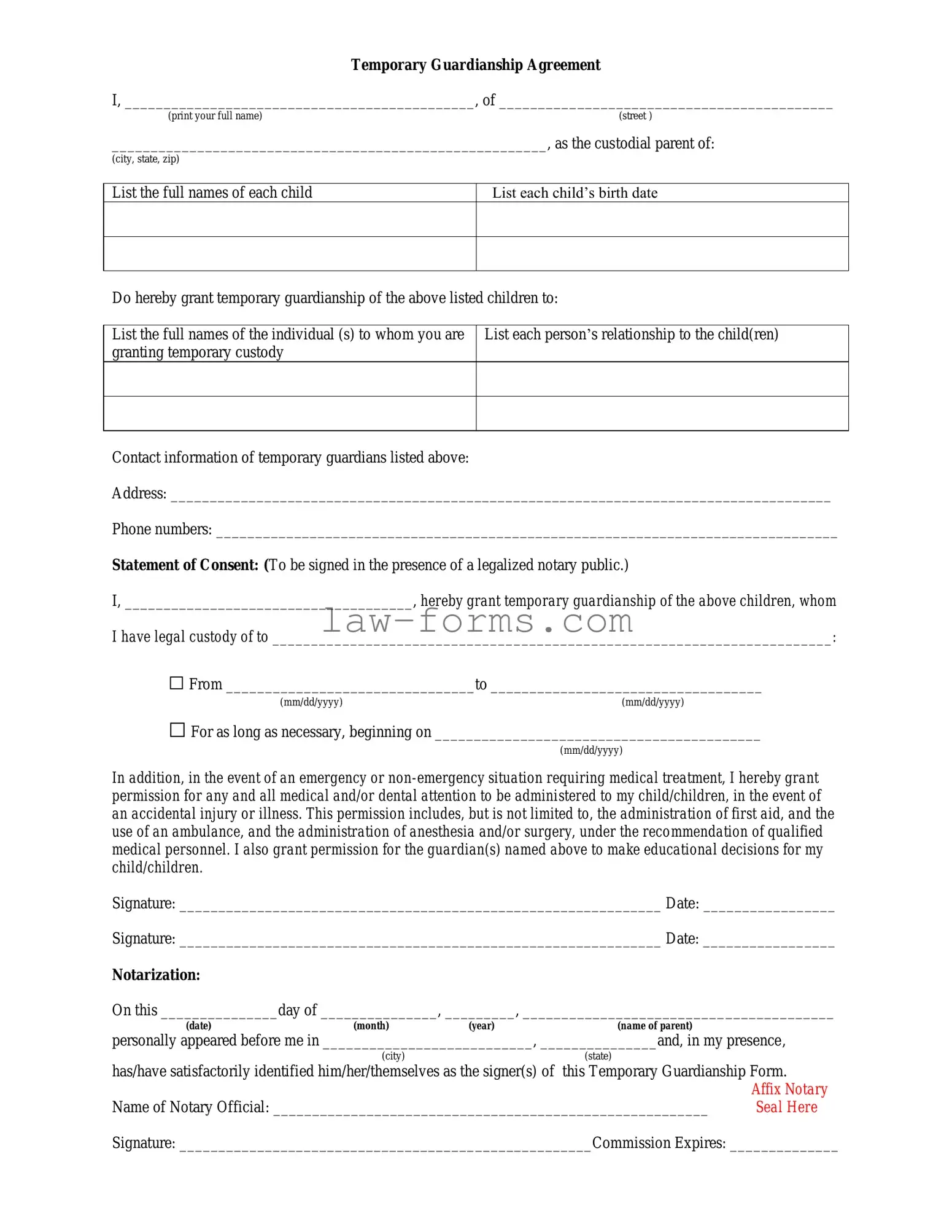 Temporary Custody PDF Template