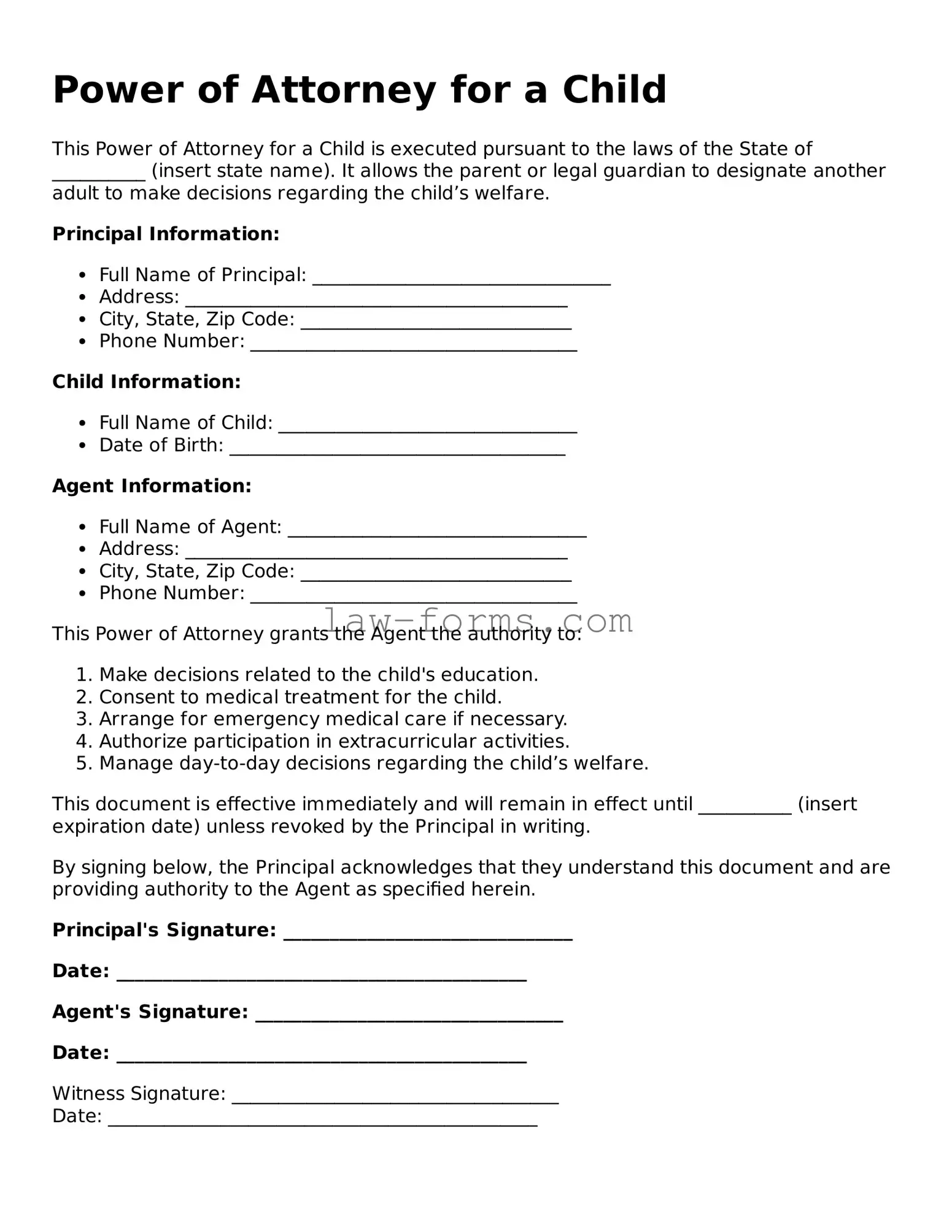 Valid Power of Attorney for a Child Template